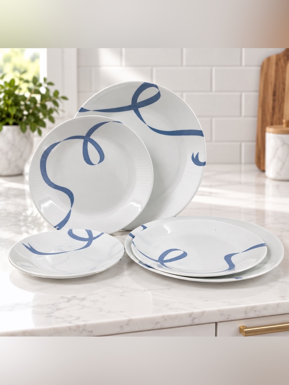 Corelle Blue Ribbons Vitrelle 6 Pc Plate Set 3 Sizes Made in USA